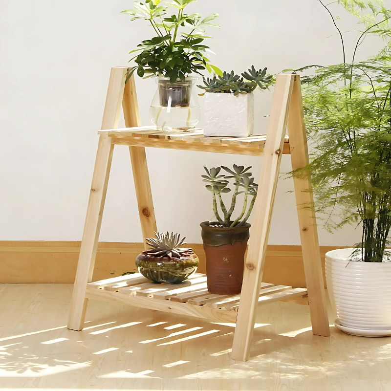 XEILI Foldable 2 & 3-Tier Wooden Plant Stand – Solid Wood Flower Pot Shelf Rack for Indoor & Outdoor Use, Balcony Floor Display Stand for Garden & Home Decor