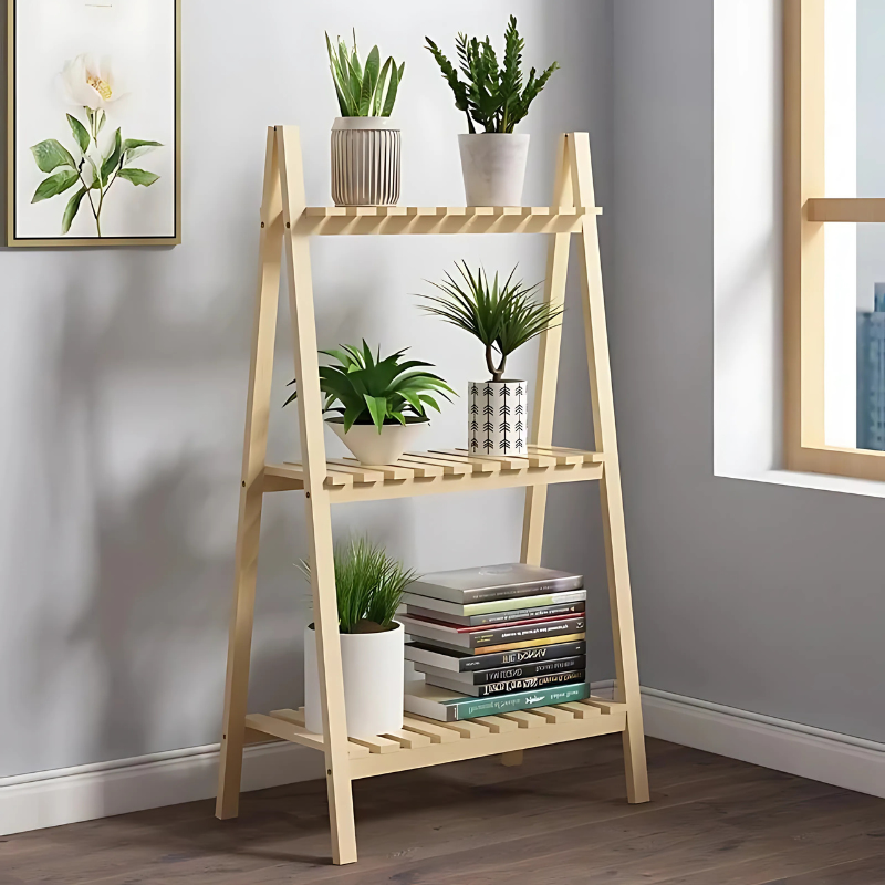 XEILI Foldable 2 & 3-Tier Wooden Plant Stand – Solid Wood Flower Pot Shelf Rack for Indoor & Outdoor Use, Balcony Floor Display Stand for Garden & Home Decor