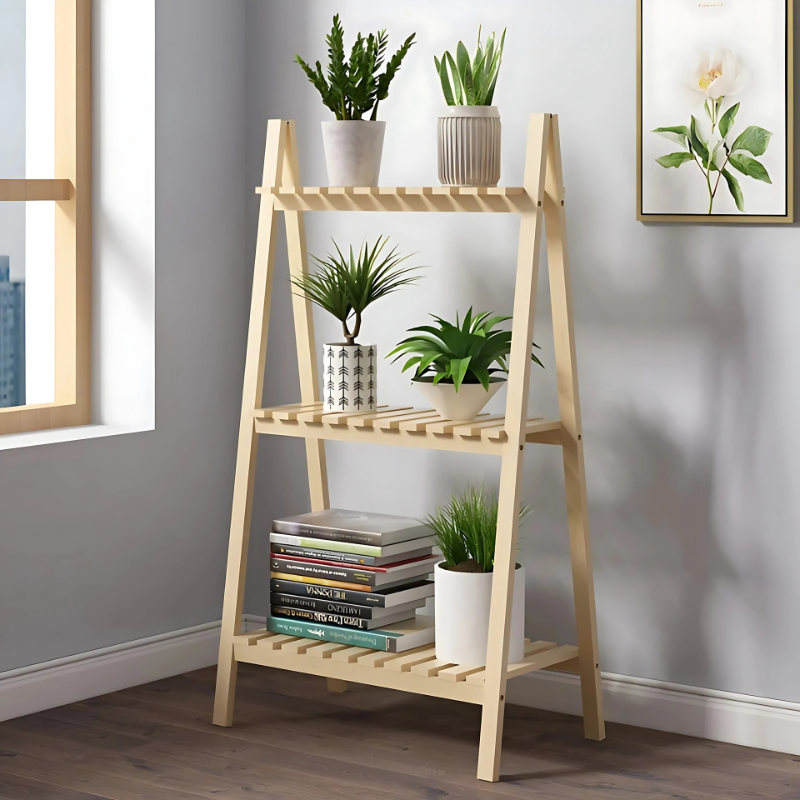 XEILI Foldable 2 & 3-Tier Wooden Plant Stand – Solid Wood Flower Pot Shelf Rack for Indoor & Outdoor Use, Balcony Floor Display Stand for Garden & Home Decor