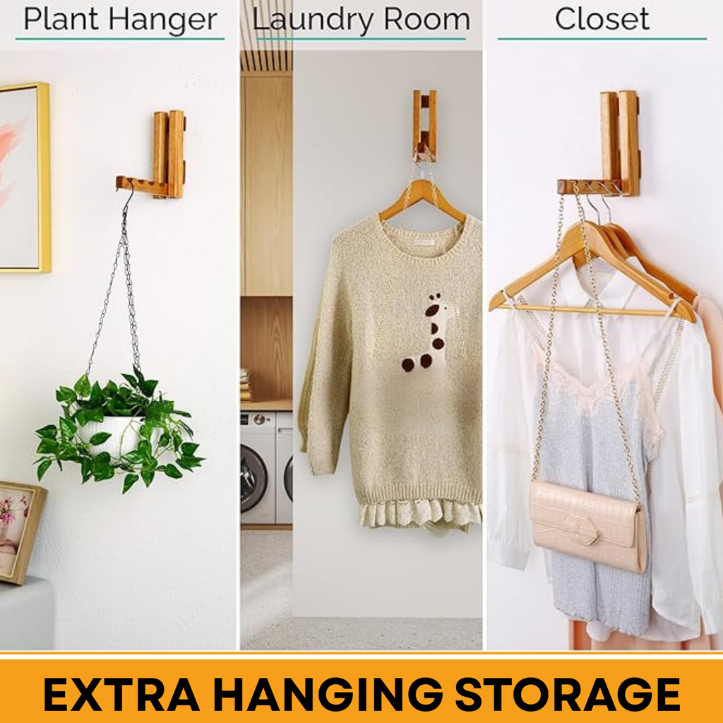 Foldable Wooden Wall Mounted Clothes Hanger Rack – Space Saving Solid Wood Laundry & Closet Organizer