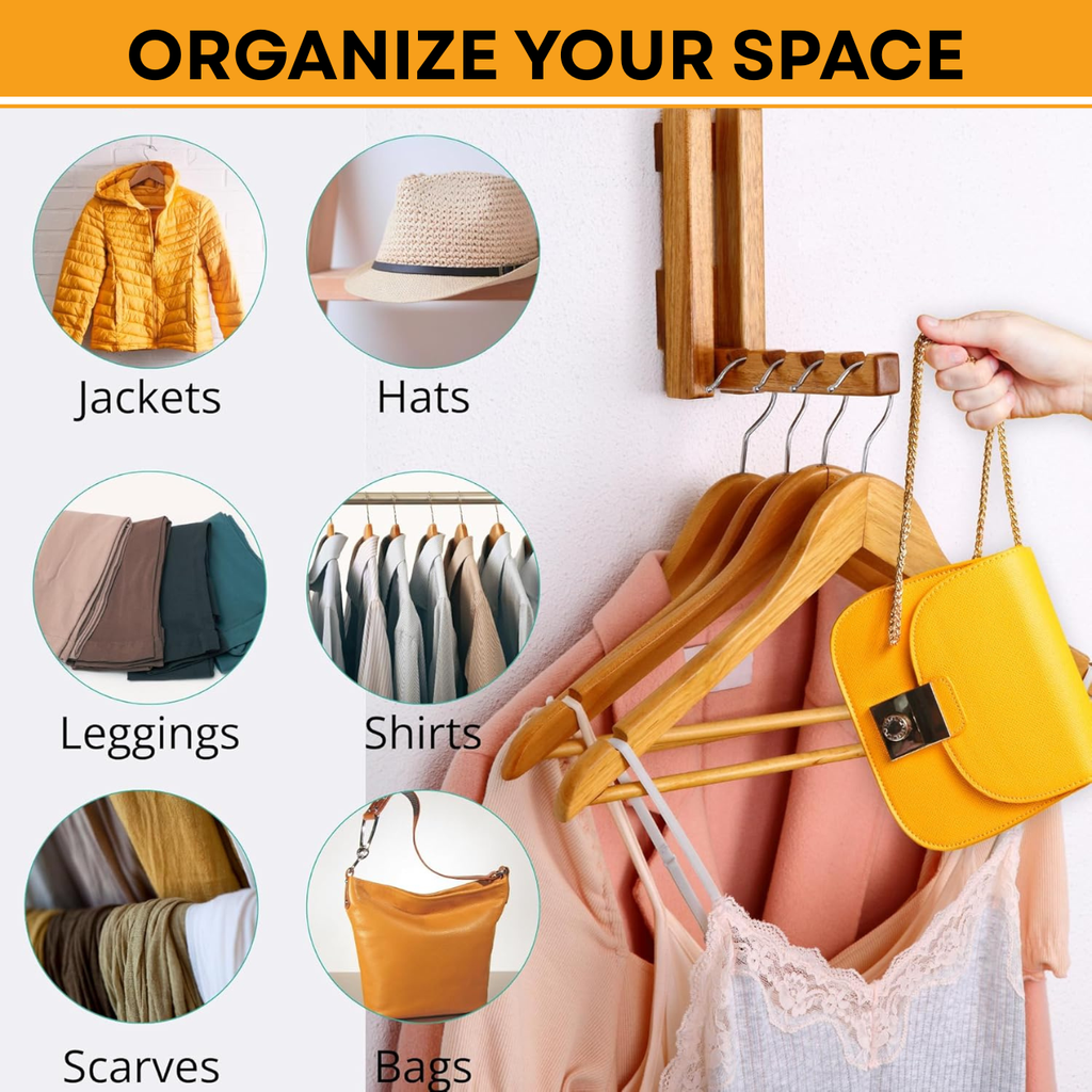 Foldable Wooden Wall Mounted Clothes Hanger Rack – Space Saving Solid Wood Laundry & Closet Organizer