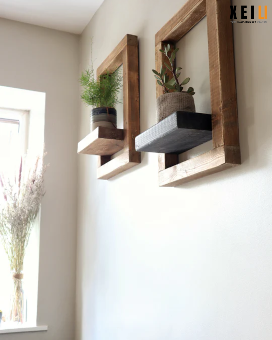 XEILI Premium Wood  Framed Country House Rustic Shelf & Planter - Light Oak Finish