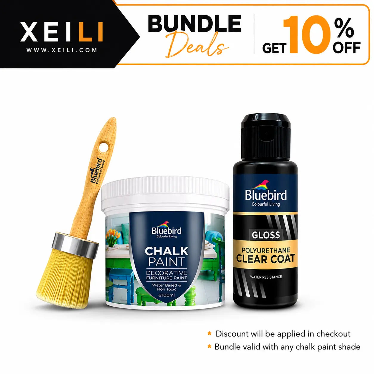Chalk Paint 100ml + Chalk Paint Brush 4.5" + Clear Coat Gloss 100ml XEILI